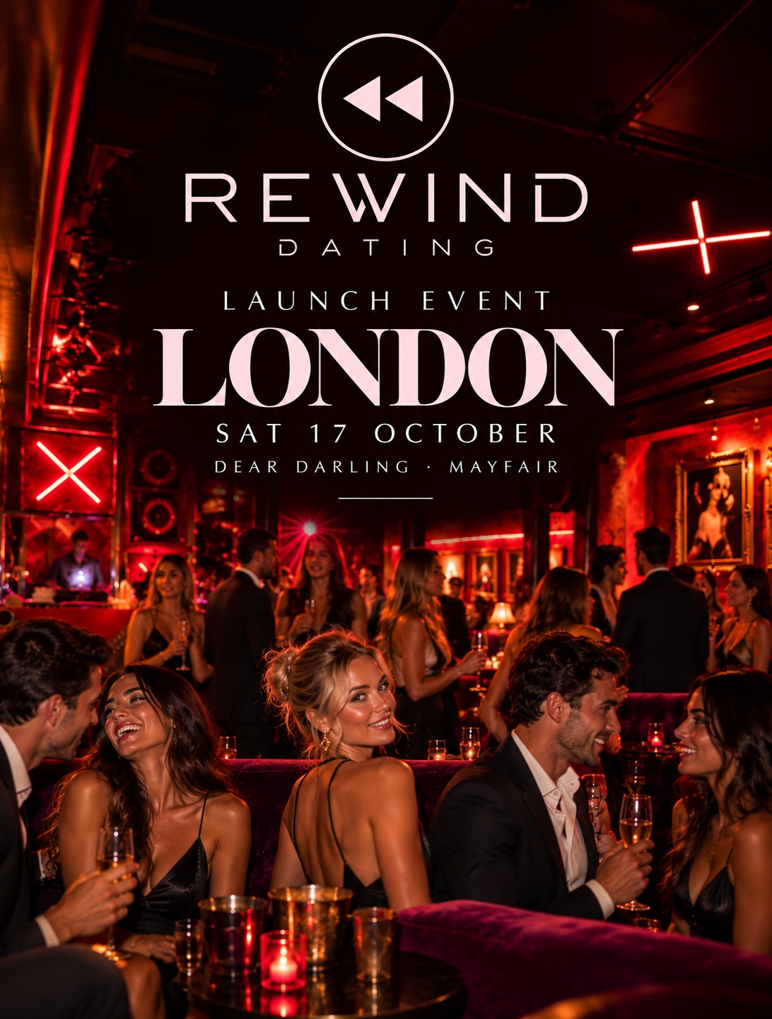 Rewind Dating Launch Event London poster: Saturday 17 October, Dear Darling, Mayfair. Real people. Real connections. No more swiping.